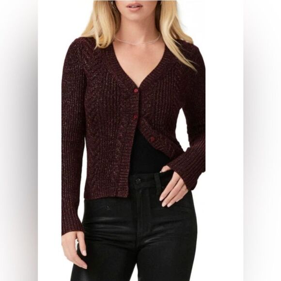NEW PAIGE Nanari Metallic Cable Knit V-Neck Cardigan in Burgundy Sparkle - Picture 1 of 11